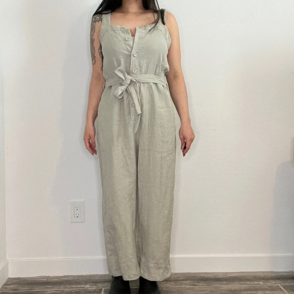 Everlane Linen Jumpsuit Women Size 6 Sage Green Button Front Tie Waist Wide Leg